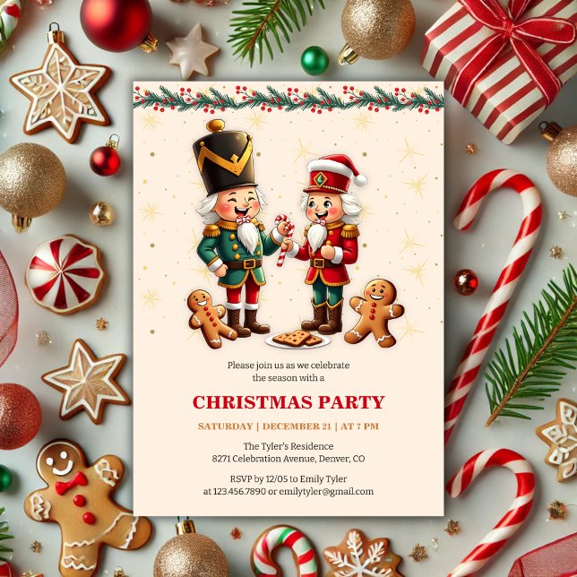 Convite Festa de Natal Moderna do Quebra-Nozes de Pão de M (Modern and Festive Gingerbread Nutcracker Christmas Party Invitation)