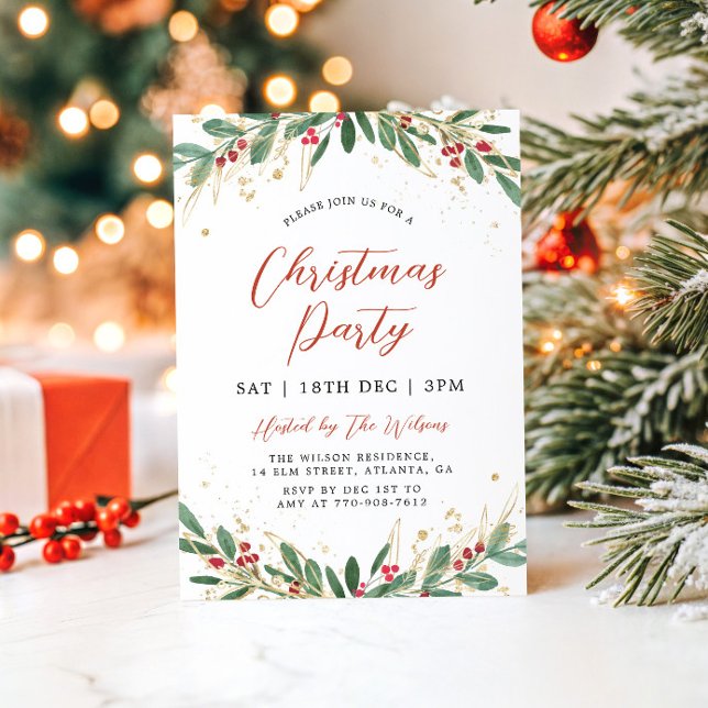 Convite Festa de Natal Moderna em Verde e Dourado (Criador carregado)