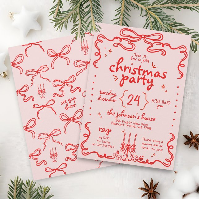 Convite Festa de Natal Moderna, Rosa e Arco Vermelho, dese (Fun unique retro red pink hand drawn scribbles coquette bow quirky funky Christmas Party invitation)