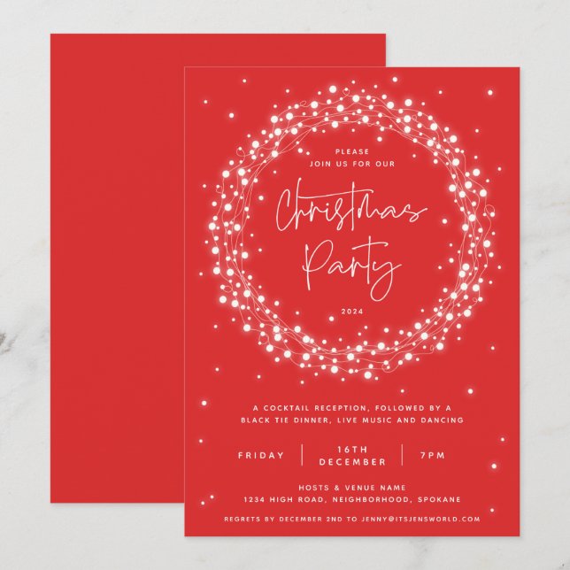 Convite Festa de Natal Moderno com Luzes Vermelhas Espelha (Frente/Verso)