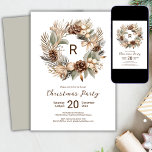 Convite Festa de Natal Monograma Winter Wreath<br><div class="desc">Monograma Pinecone Winter Wreath Christmas Convite de festas. Apresentando um na moda,  uma coroa terrestre e um monograma personalizável,  esta design combina encanto boêmico com elegância festiva. Perfeito por adicionar um toque pessoal aos seus cartões de natal.</div>