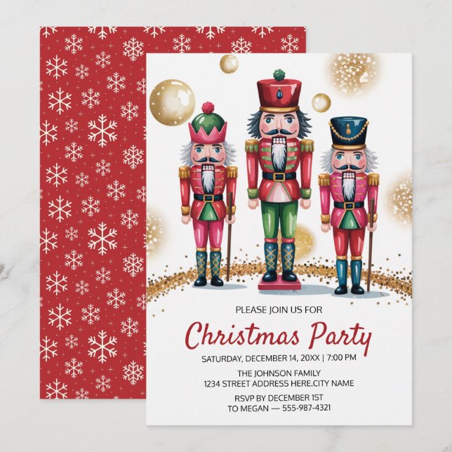 Convite Festa de Natal Nutcracker Brilho Dourado    (Frente/Verso)