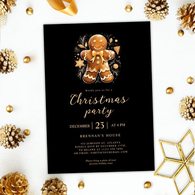 Convite Festa de Natal Pão Dourado Feriado Negro (Christmas Party Gingerbread Gold Black Holiday Invitation)