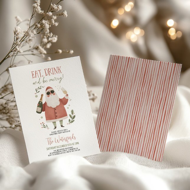 Convite Festa de Natal Papai Noel Coma Beba Alegre  (Eat Drink and Be Merry! Christmas Invitation with Santa in sunglasses and champagne)