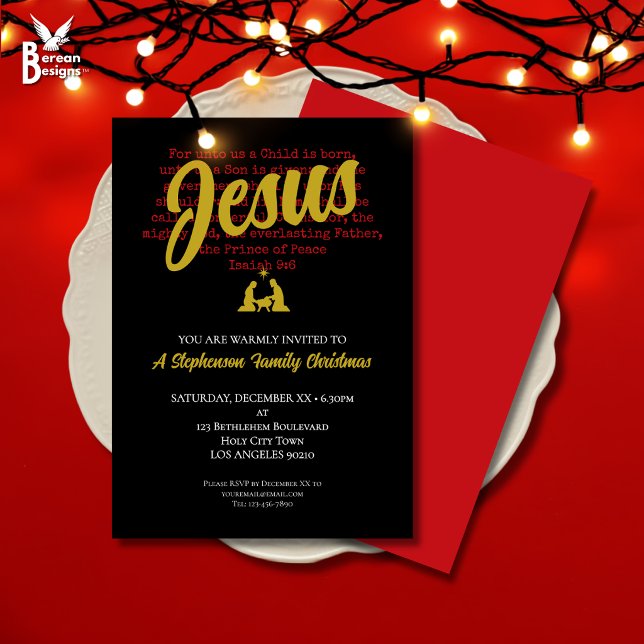 Convite Festa de Natal PARA NÓS (Stylish FOR UNTO US Christian Christmas invitation with Bible Verse and nativity in black red gold)