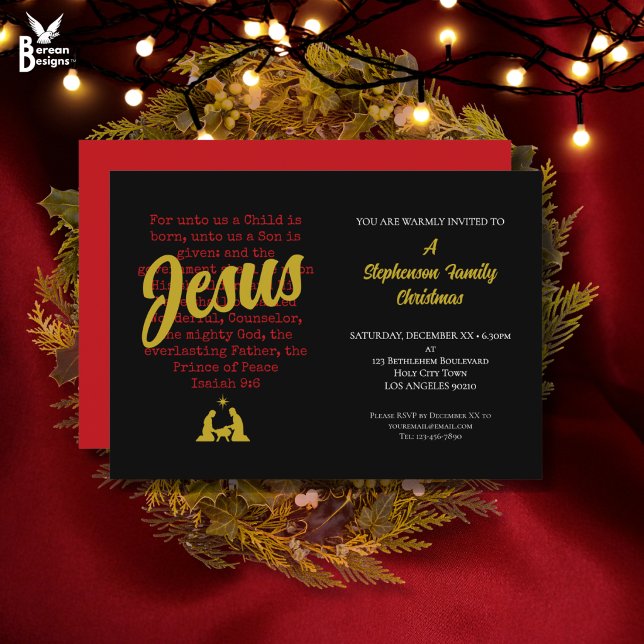 Convite Festa de Natal PARA NÓS (Christian Christmas FOR UNTO US Party Invitation based on Isaiah 9:6 with nativity design.)