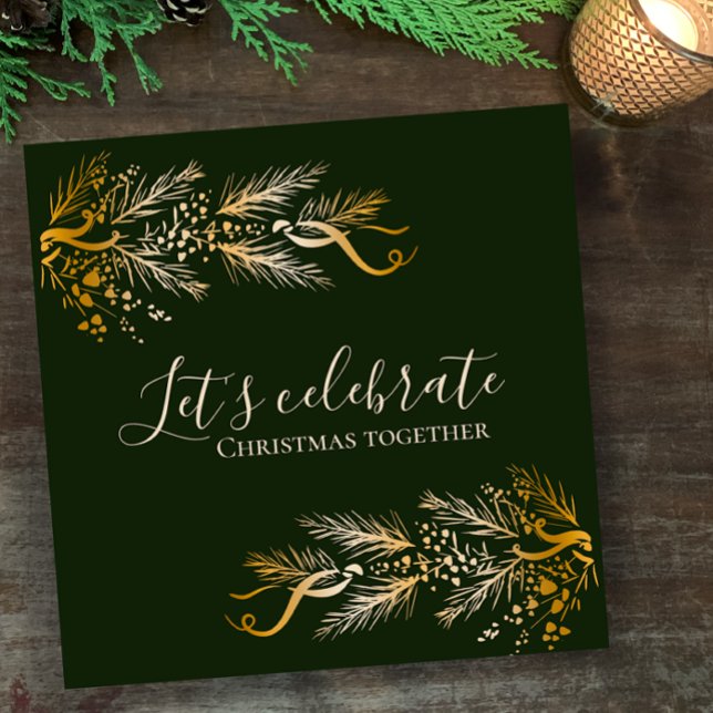 Convite Festa de Natal Personalizada e Verde Elegante (Invite your guests for a Christmas party with unique dark green elegant golden pine invitation card)