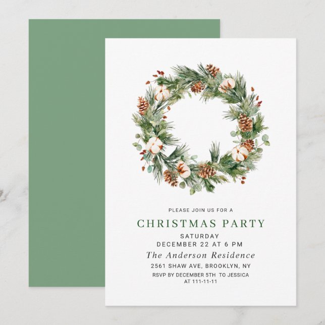 Convite Festa de Natal Pine Cones Fir Wreath (Frente/Verso)