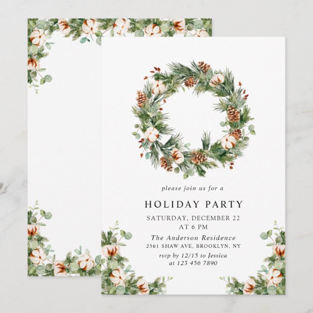 Convite Festa de Natal Pine Cones Fir Wreath (Frente/Verso)