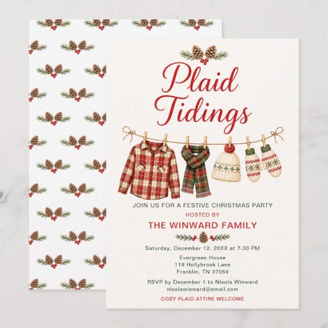 Convite Festa de Natal Plaid Tidings (Frente/Verso)