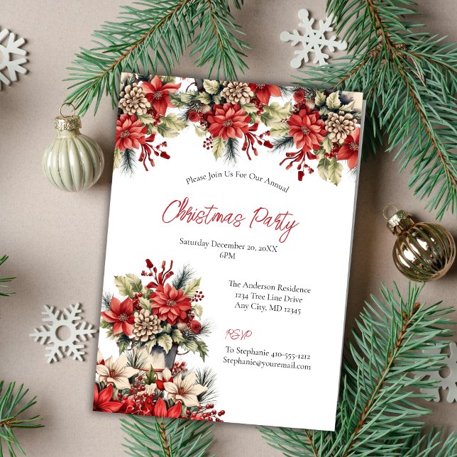 Convite Festa de Natal Poinsettia (Poinsettia Vintage Christmas Holiday party invitation)