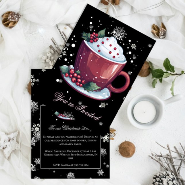 Convite Festa de Natal Preta do Feriado de Chocolate Quent (Christmas cup of hot chocolate holiday party invitation)