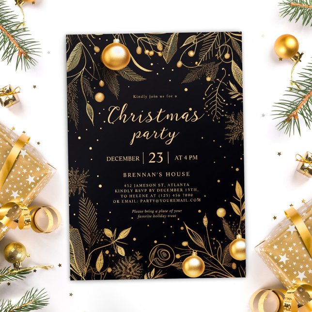 Convite Festa de Natal Preta e Dourada Férias (Christmas Black And Gold Holiday Party Invitation)