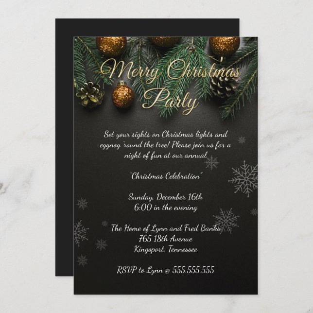 Convite Festa de Natal Preta Elegante (Frente/Verso)
