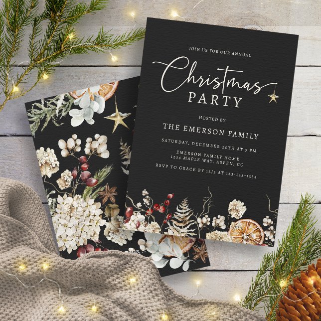 Convite Festa de Natal Preto (Black Rustic Boho Christmas Party Invitation by Painted Paperie
)