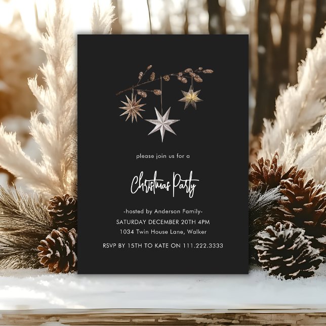 Convite Festa de Natal Preto e Branco com Vegetação Aconch (Criador carregado)