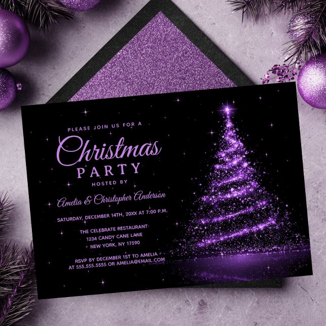 Convite Festa de Natal Purple Sparkle Light Tree (Criador carregado)
