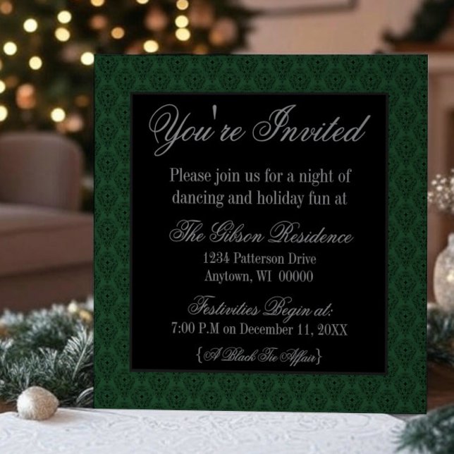 Convite Festa de Natal Radiant Damask Convidada, Verde Esc (Dark Green Radiant Damask Christmas Party Invitation)