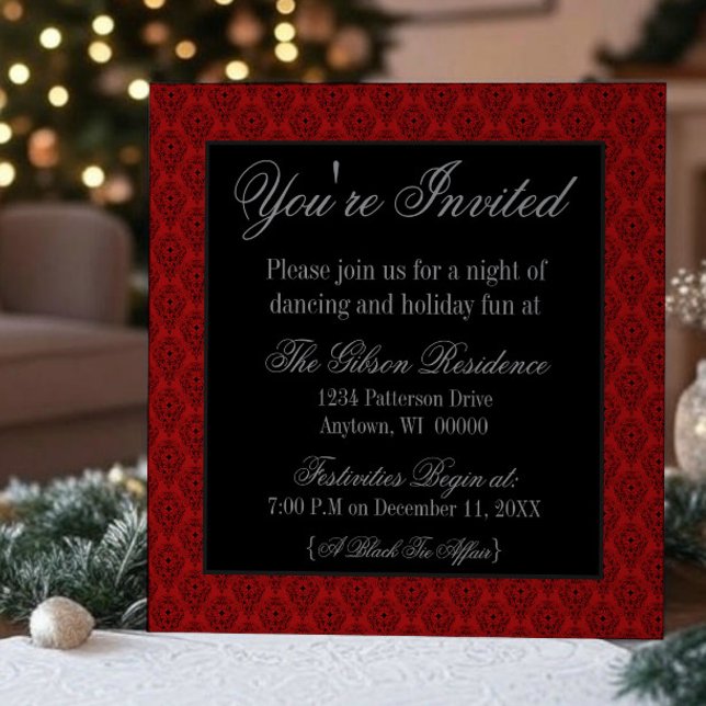 Convite Festa de Natal Radiante Damask, Convidado, Vermelh (Red Radiant Damask Christmas Party Invitation)