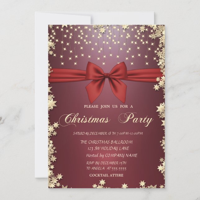 Convite Festa de Natal Red Bow Gold Stars (Frente)