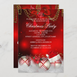 Convite Festa de Natal Red Dourado Baubles Santa Hat