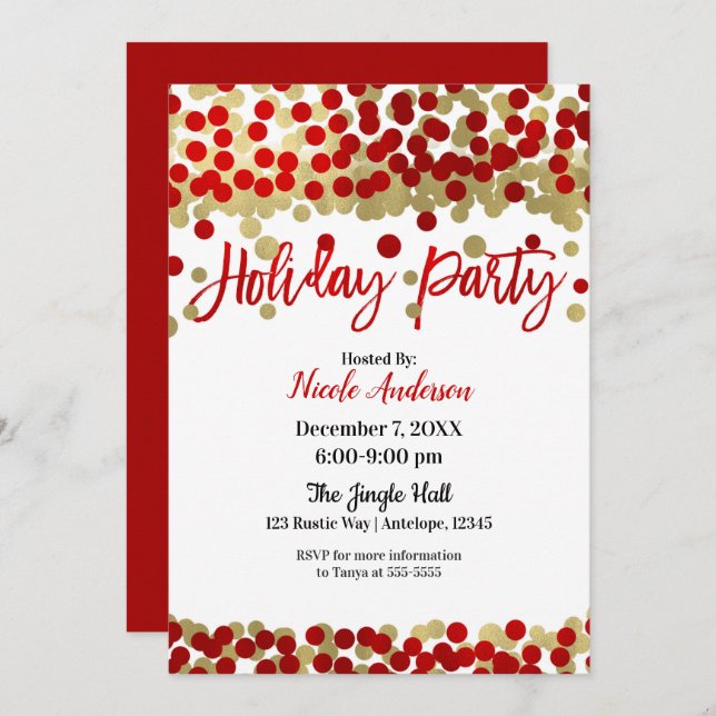 Convite Festa de Natal Red & Dourado Dots Moderno de Féria (Frente/Verso)