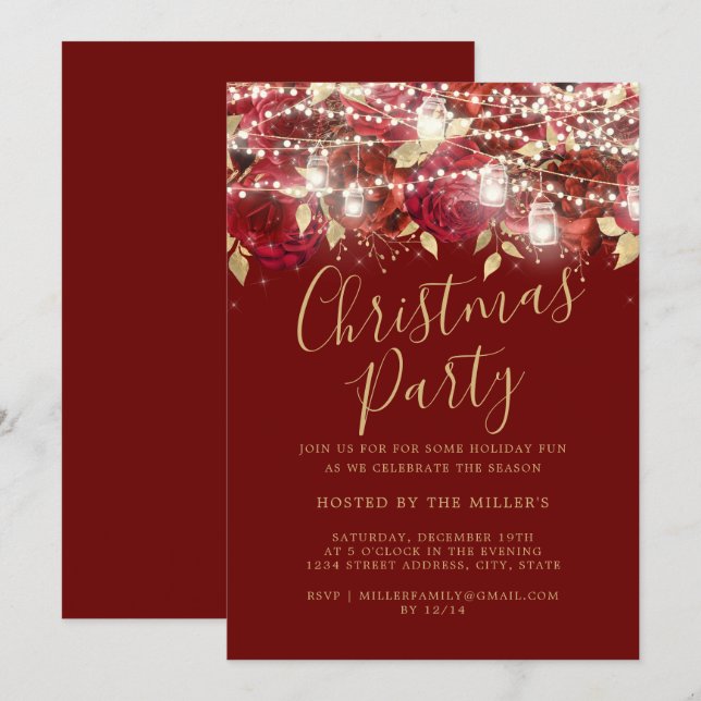 Convite Festa de Natal Red Dourado Foliage Lights (Frente/Verso)
