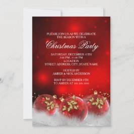 Convite Festa de Natal Red Dourado Holly Baubles Convidar