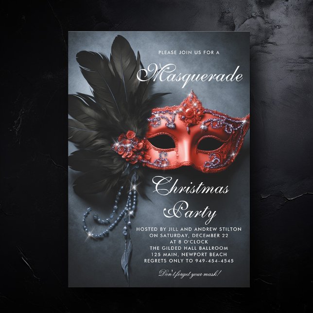 Convite Festa de Natal Red Moody do Marinho mascarada (masquerade christmas party invitation venetian mask red navy silver elegant ball painting artistic)