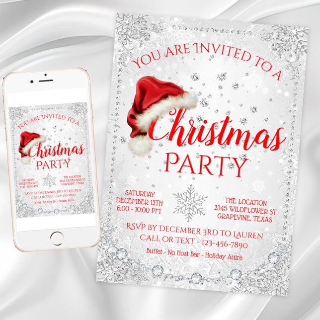 Convite Festa de Natal Red Santa Hat Snowflake (Santa hat snowflake Christmas party invitation. Available for instant download and print.)