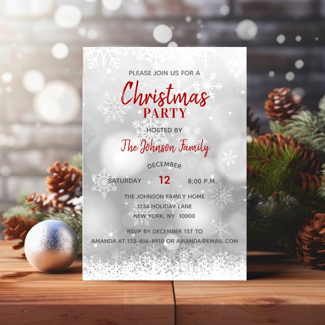 Convite FESTA DE NATAL Red Silver Flocos de Neve (CHRISTMAS PARTY Red Silver Snowflakes Snow Invitation)