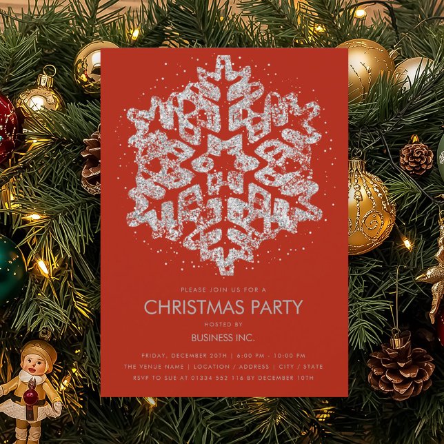 Convite Festa de Natal Red Silver Glitter Snowflake (Silver Glitter Snowflake Christmas Party Red Invitation)