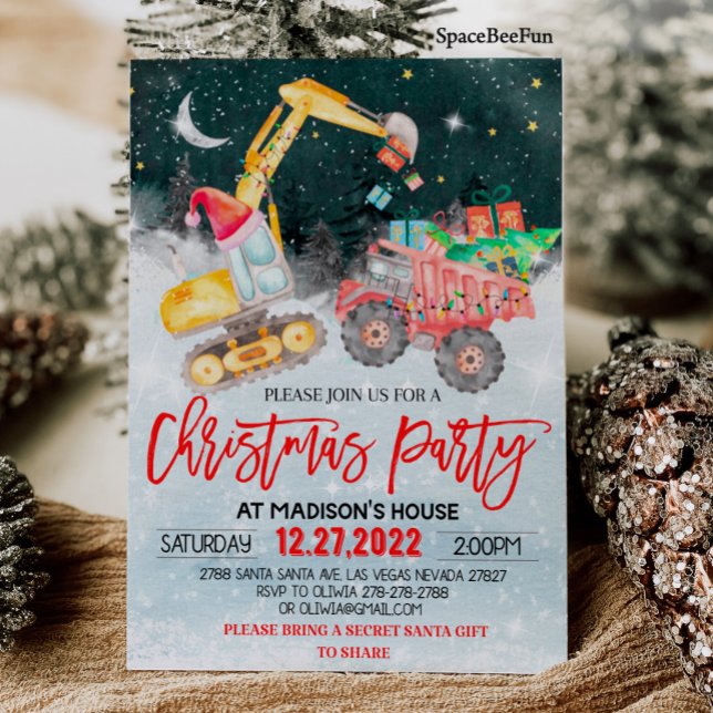 Convite Festa de Natal Red Truck Gift Construction Birthd (Christmas Party invites Red Truck Gift invitation Construction Birthday invitation Winter Christmas )