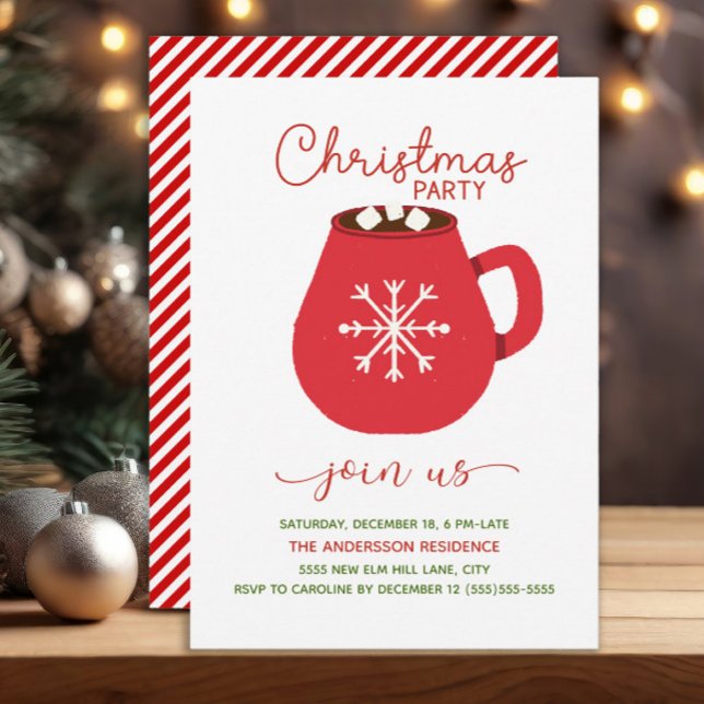 Convite Festa de Natal Red White Hot Ccoa (Red and white hot cocoa and candy stripes Christmas party invitation)