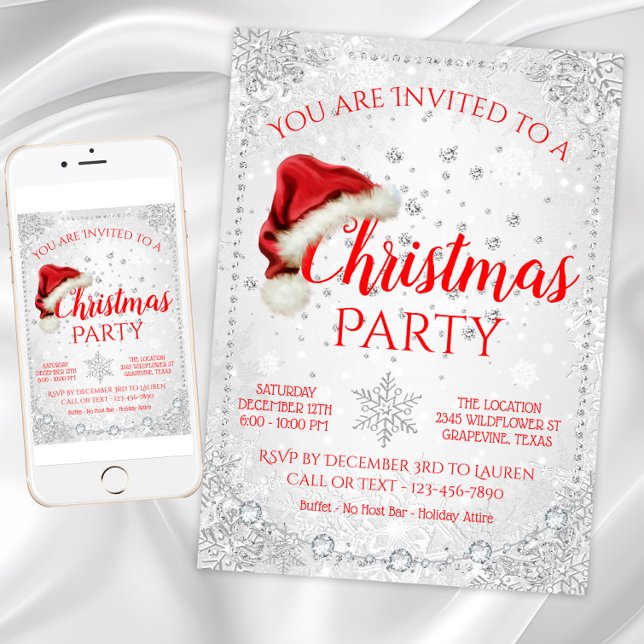 Convite Festa de Natal Red White Santa Hat Snowflake (Snowflake Christmas party invitation with Santa hat. Digital download and printed invitations.)