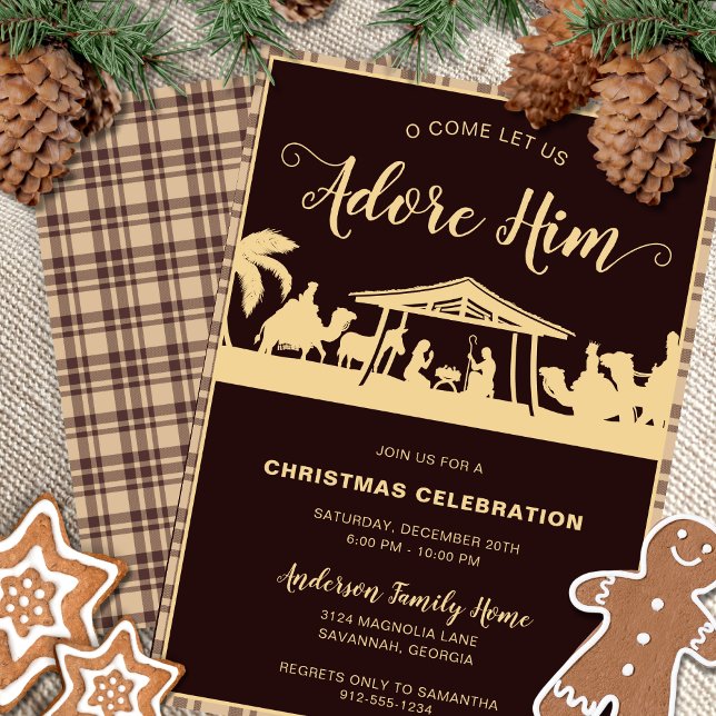 Convite Festa de Natal Religiosa de Natal Castanho e Doura (Religious Christmas party invitation with nativity scene , brown flannel and gold calligraphy script)