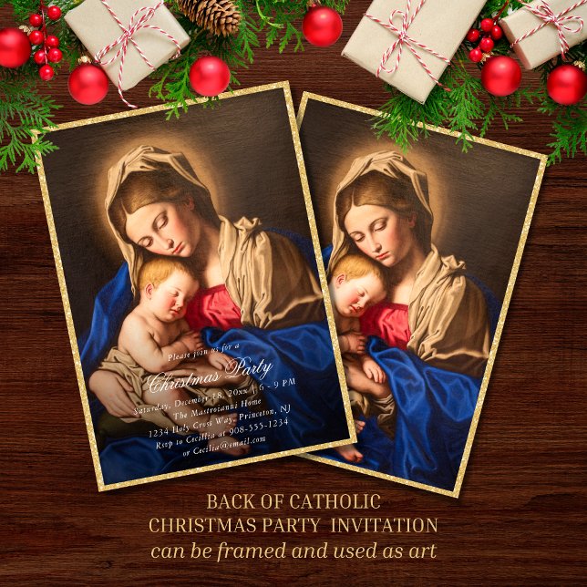 Convite Festa de Natal Religioso da Madona e da Criança (Religious Christmas party invitation with Madonna and Child in red and gold for Catholics)