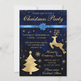 Convite Festa de Natal Rena de Azul e Dourado e Árvore
