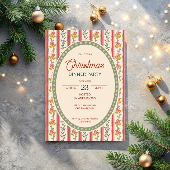 Convite Festa de Natal retrô com listras grandmilenial (Christmas vintage stripes with bells grand millennial dinner party invitation cards template)