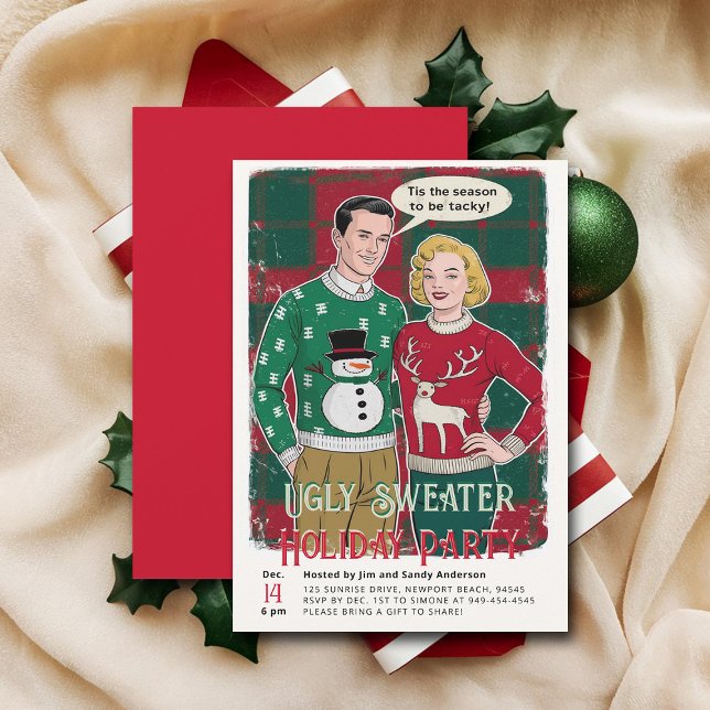 Convite Festa de Natal Retro Engraçada e Engraçada (vintage christmas party nvitation retro funny ugly sweater ad brunch couple family office)