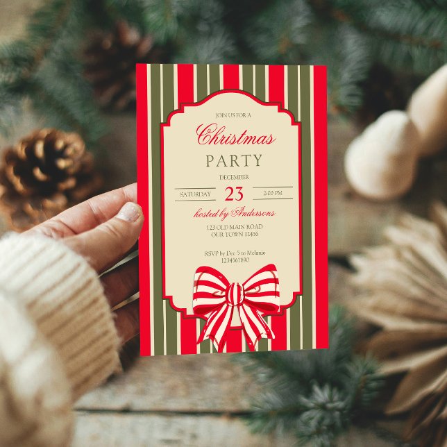 Convite Festa de Natal retro vermelho listras verdes com l (Retro red sage green stripes with bow christmas party invitation cards template)