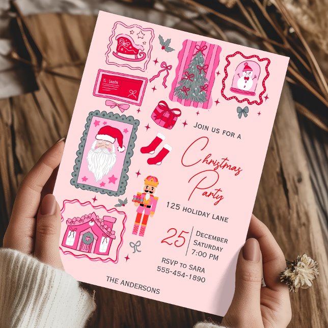 Convite Festa de Natal rosa coquette desenhada à mão (Criador carregado)