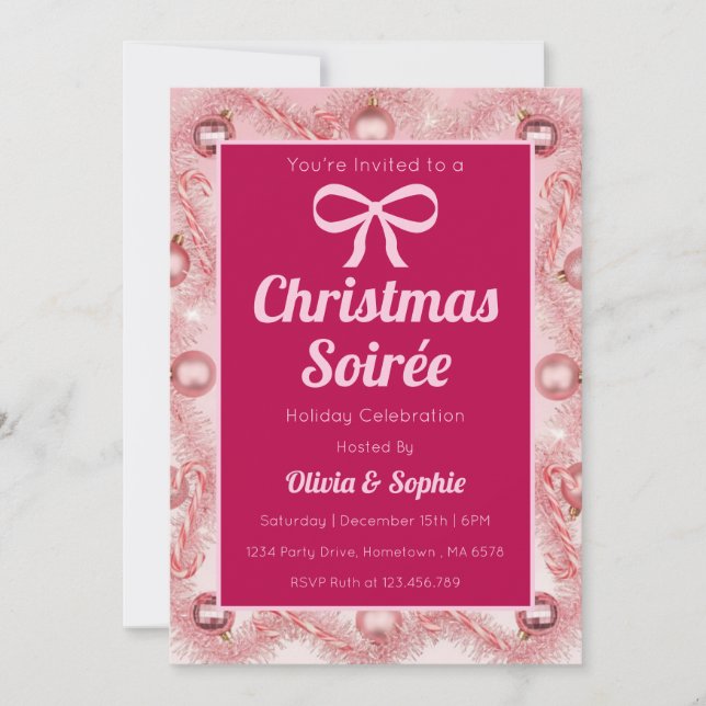 Convite Festa de Natal Rosa Personalizada com Estilo Retrô (Frente)