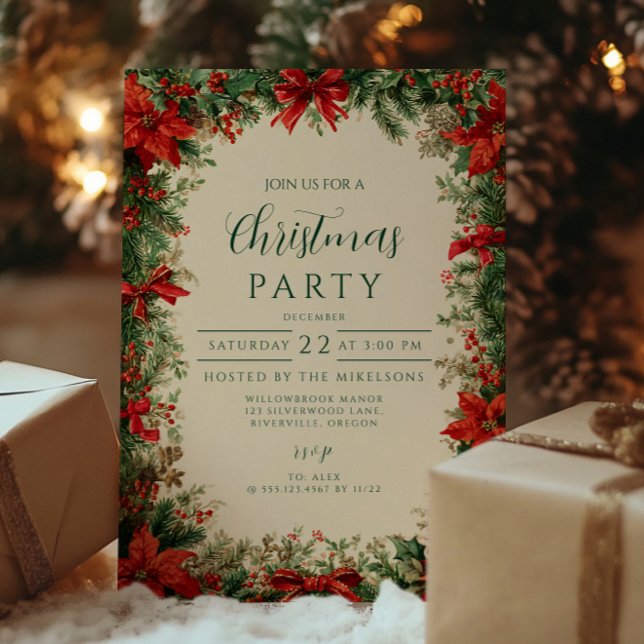 Convite Festa de Natal Russo Poinsettia Pine (Criador carregado)
