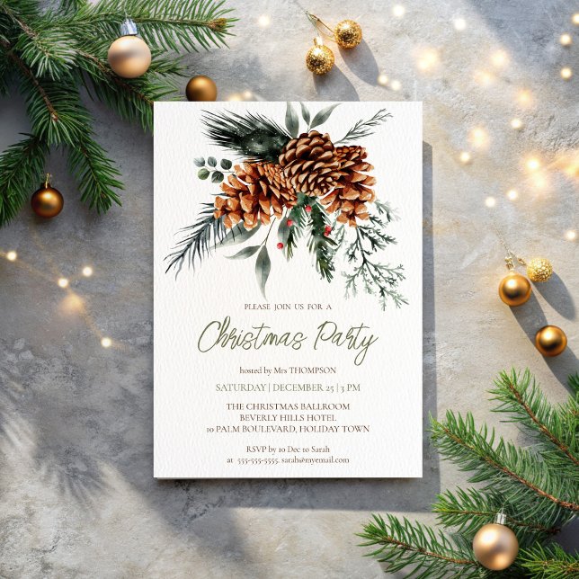 Convite Festa de Natal Rustic Botanic Boho (Rustic Botanical bohemian  Christmas Party Invitation template pinecones pines winter composition)