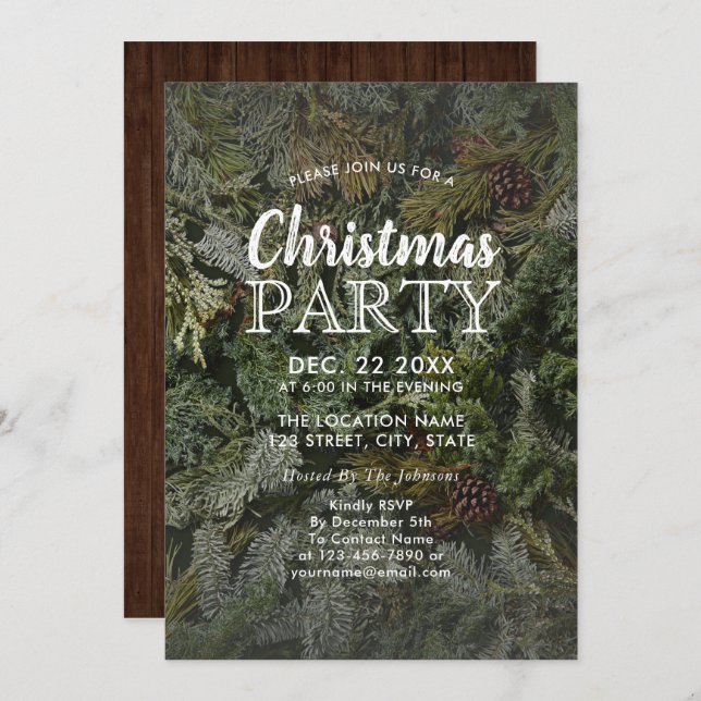 Convite Festa de Natal Rustic Evergreen & Pine Branch (Frente/Verso)