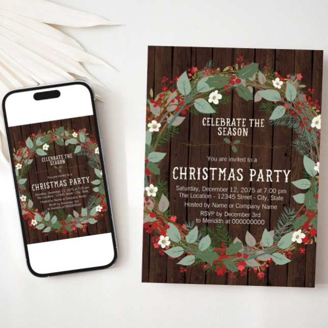 Convite Festa de Natal Rustic Holly (Rustic Christmas party invitation with wreath on wood. Available for instant download and print.)