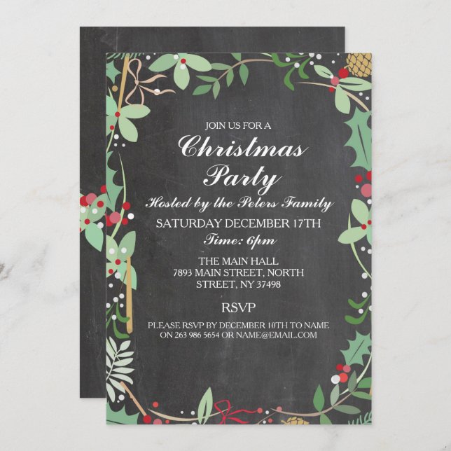Convite Festa de Natal Rustic Winter Chalk Foliage (Frente/Verso)