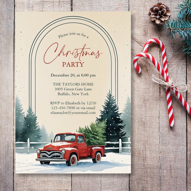 Convite Festa de Natal Rústica com Caminhão Vermelho e Pin (Personalized Rustic Christmas Party Invitation – Red Vintage Truck, Snowy Pine Trees & Arch Frame)