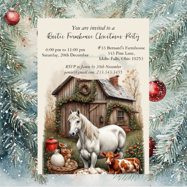 Convite Festa de Natal Rústica com Cavalo de Fazenda Vinta (Vintage Country Farm Horse Rustic Christmas Party Invitation)